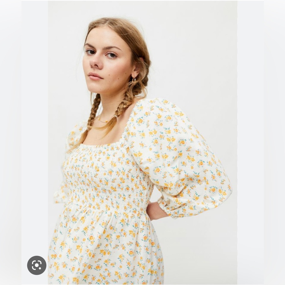 UO Sofia Yellow Floral Linen Mini Dress